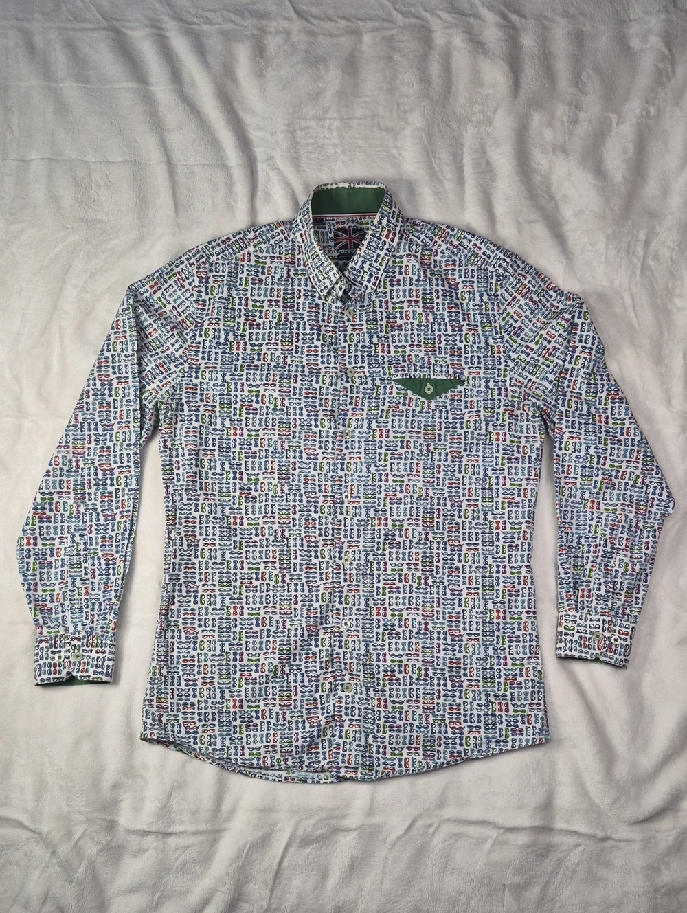 Men's Multi-Color Printed Button-Down Shirt with Green Pocket Accent
